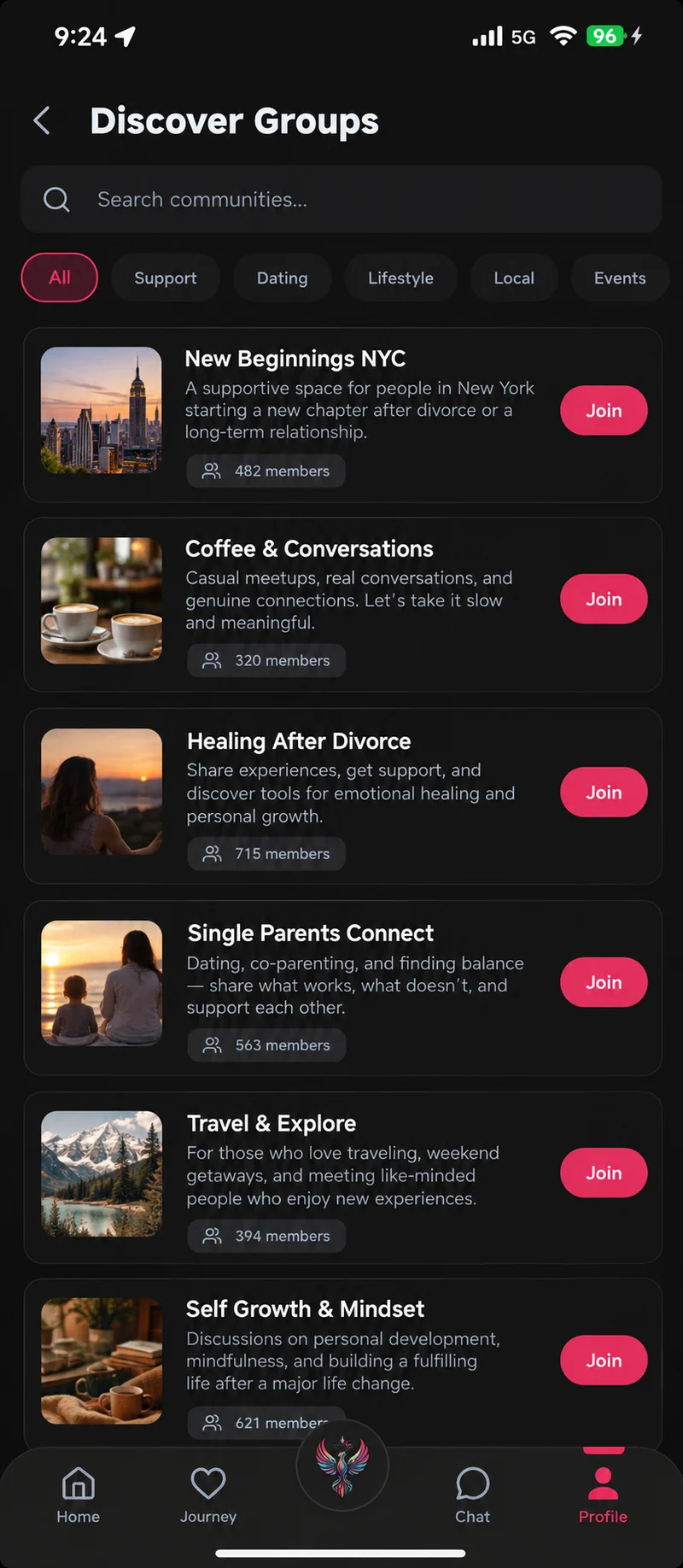 LuvAgain Discover Groups screen